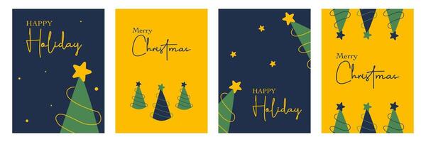 Set of Merry Christmas and happy new year creative greeting with Trees on blue and yellow color background vector