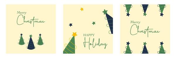 Set of Merry Christmas and happy new year greeting with Trees, typography on bright color background for social media post vector