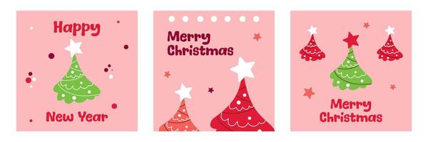 Set of Merry Christmas and happy new year creative greeting with trees on pink color background for social media post vector