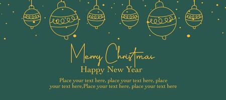 Set of Merry Christmas and happy new year minimalist greeting with bauble ornament, gold typograpy on green color background vector