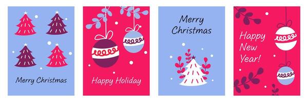 Set of Merry Christmas and happy new year greeting with Ornament on blue and pink color background vector
