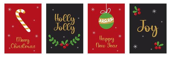 Set of Merry Christmas and happy new year creative greeting with Ornament on red and back dark color background vector