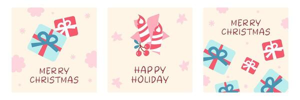 Set of Merry Christmas and happy new year greeting with Gifts on cream color background for social media post vector