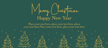 Merry Christmas and happy new year minimalist greeting with trees, gold typograpy on green color background vector