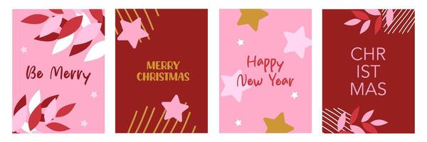 Set of Merry Christmas and happy new year vertical greeting with leaves, star, pink and red color background vector