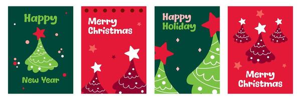 Set of Merry Christmas and happy new year greeting with trees on green and red color background vector