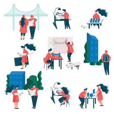 Architects Working on Projects Set, Male and Female Professional Engineers Characters Illustration
