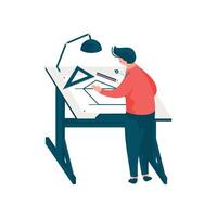 Man Architect Sitting at Desk Working on Blueprint Building Plan, Male Professional Engineer Character Illustration vector