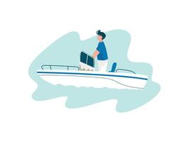 Man Traveling on Yacht at Sea on Summertime, Summer Outdoors Activities Illustration vector