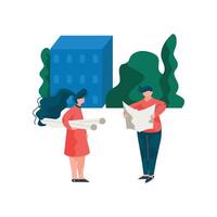 Architects Discussing the Building Project, Male and Female Professional Engineers Characters Illustration vector