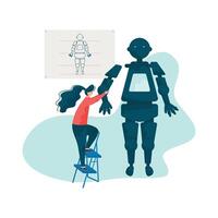 Engineer Fixing Robot Arm, Robotics Hardware and Software Engineering Illustration vector