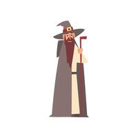 Medieval Wizard Character, Man Wearing Mantle and Pointed Hat With Magic Staff Illustration vector