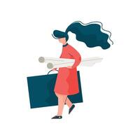 Woman Architect with Project Paper Rolls and Portfolio Case, Female Professional Engineer Character Illustration vector