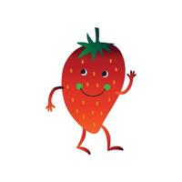 Cute Strawberry Waving its Hand, Cheerful Funny Berry Cartoon Character with Funny Face Illustration vector