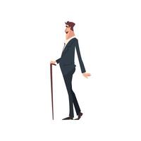 Elegant Victorian Gentleman Character in Black Suit Walking with Cane, Side View Illustration vector