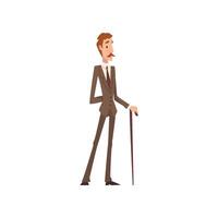 Self Confident Victorian Gentleman Character in Elegant Suit Standing with Walking Cane Illustration vector