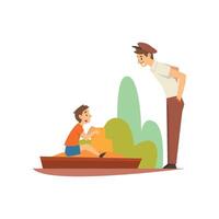 Boy Playing in Sandpit in Park or on Playground, Smiling Man in Cap Talk with Him Illustration vector
