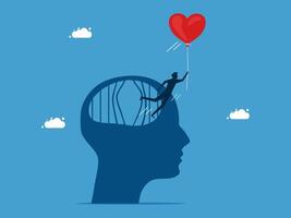 man is flying a balloon with a heart shape in the head of a man vector