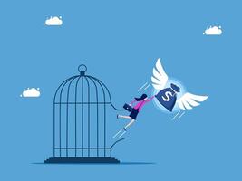 a woman is trying to escape from a cage with a bird on it vector