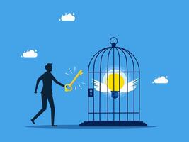 man holding key to open cage with light bulb inside vector