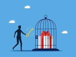 a man is holding a key to open a cage with a gift inside vector