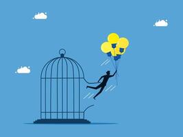 man in suit flying out of cage with balloons vector