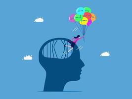 a person is flying with balloons in the head of a person vector