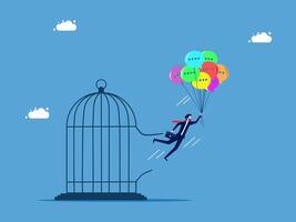 man flying out of a cage with colorful balloons vector
