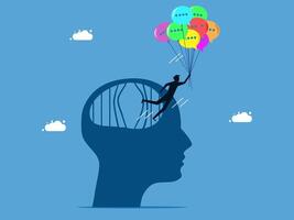 man is flying with balloons in the head of a person vector