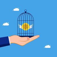 bitcoin in a cage with a hand holding it vector