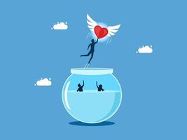 man flying with heart in fish bowl vector