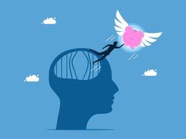 a man is flying over a brain with a pink heart vector