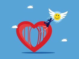 woman is falling from a heart with an angel on it vector