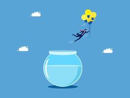 man is jumping into a fish bowl with balloons vector
