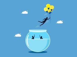 a man is jumping into a fish bowl with balloons vector