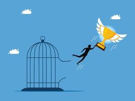 man flying away from the cage with a golden trophy vector
