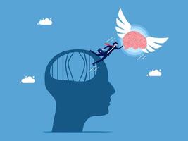 businessman flying over a brain with wings vector