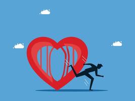 businessman running away from a heart shaped object vector