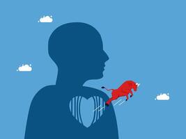 a man with a heart shaped head and a red bull flying out of it vector