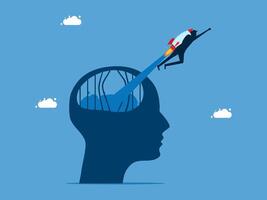 man flying over the head of a brain with a rocket vector