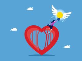 a woman is standing on top of a heart with an idea bulb vector