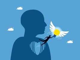 a man with wings flying over a heart with a light bulb vector