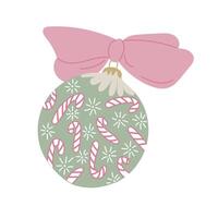 Christmas ornament with candy cane pattern and pink bow. Hand drawn drawing in flat style and in pastel colors isolated on white background vector