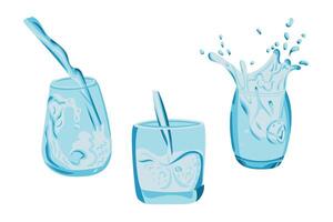 Set of glasses with water splashes in dynamic blue tones. Hand drawn illustrations in flat style isolated on white background vector