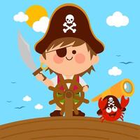 Pirate captain boy with a steering wheel sailing on a ship in the sea with a pirate crab with telescope. vector