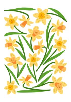 Yellow daffodils with green leaves in a spring floral poster in retro 60s style. Interior poster symbolizing spring, growth, and natural beauty in minimalistic style