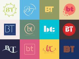 BT logo company template. Letter b and t logotype. Set different classic serif lettering and modern bold text with design elements. Initial font typography. vector