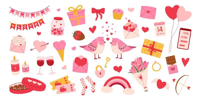Valentines Day decoration elements big set. Flat isolated illustration
