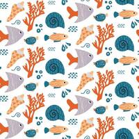 Seamless Pattern With Fishes, Coral, And Seashells On A White Background vector