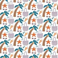 Seamless pattern with palm trees, starfish, seashells, and summer decorative elements vector